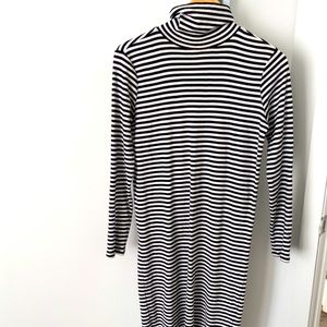 Black and white striped midi turtle neck dress